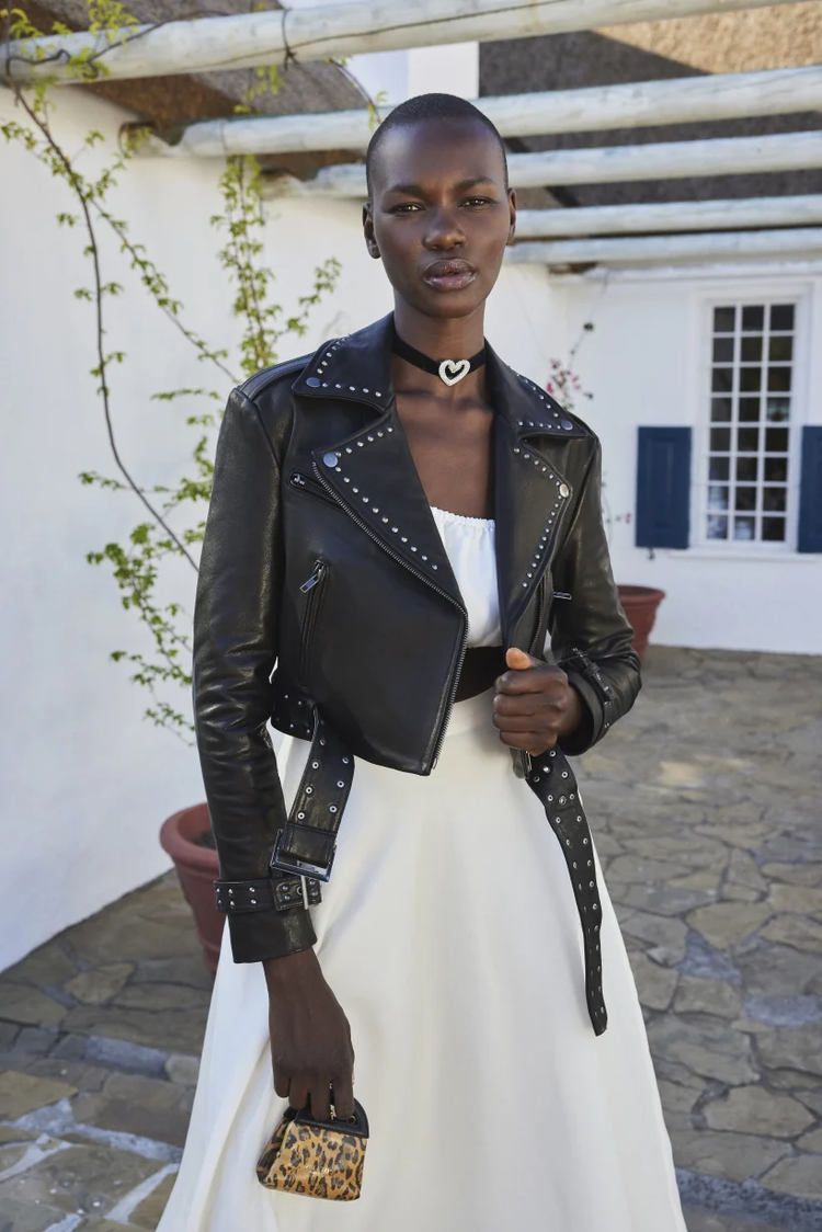 White leather jacket black skirt best sale